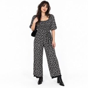 Polygram Black Floral Jumpsuit Women Large Whimsy Goth Dark Boho